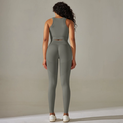 Damen Yoga Workout Nylon Spandex Nahtloses Rippstrick Crop Top Und Leggings Mit Hoher Taille Sportbekleidung