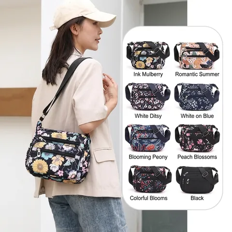 Women's Crossbody Bag Nylon Multi Pocket Waterproof Floral Print Lightweight Adjustable Strap Shoulder Messenger Bag
