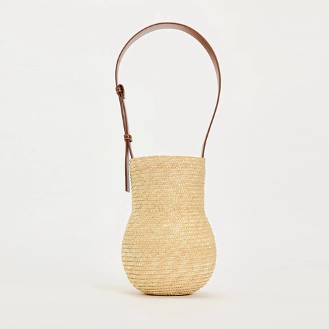 Bolso De Paja Tejida Forma Calabaza Bolso Cubo Hecho A Mano Con Correa De Cuero Para Playa Verano Mujer