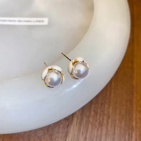 Pendientes De Botón De Flor Con Imitación De Perla Artificial Esmalte Aleación Y Poste De Plata De Ley 925 Vintage Francés Para Mujer