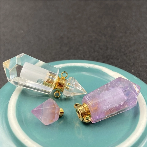 Natural Crystal Gemstone Perfume Bottle Necklace Hexagonal Cone Openable Aromatherapy Essential Oil Diffuser Pendant Healing Jewelry
