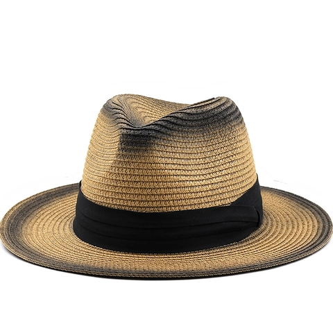 Strohhut Fedora Farbverlauf Breite Krempe Sonnenschutz Sommer Strand Panama Hut Mit Schwarzem Band Für Damen Herren Atmungsaktiv