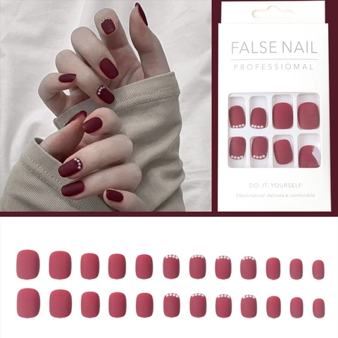 Uñas Postizas Color Borgoña Mate Cortas Redondas Cuadradas De Plástico Con Decoración De Perlas Artificiales Elegantes Para Mujer