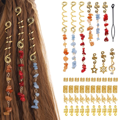 Set Accessori Dreadlock in Lega d'Oro Con Ciondoli in Pietra Naturale Anelli per Capelli a Spirale per Decorazione Trecce Donna