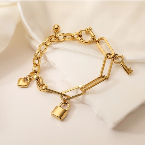 Heart Lock And Key Charm Bracelet Stainless Steel 18K Gold Plated Mixed Paperclip Link Chain Fashion Jewelry For Women