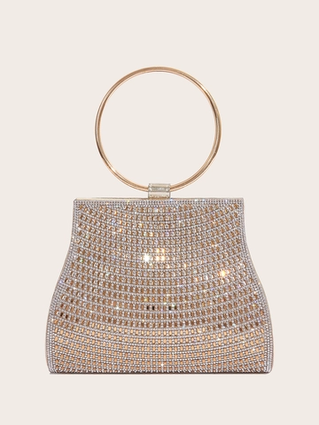 Rhinestone Evening Bag Women Clutch Purse Round Metal Handle Magnetic Buckle Detachable Chain Strap For Party Wedding