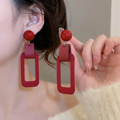 Vintage Red Rectangle Dangle Earrings With Silver Earring Post Flocked Leather Resin Fabric Geometric Style For Women