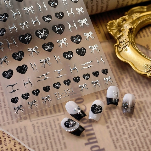 3D Relief Nail Art Stickers Heart Bow Metallic Silver Black DIY Self Adhesive Vintage French Punk Manicure Decoration TL351