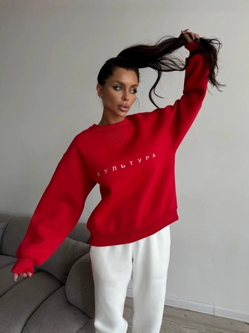 Damen Sweatshirt Mit Rundhalsausschnitt 100% Baumwolle Langarm Lockerer Schnitt Buchstaben Bestickt Streetwear Rot