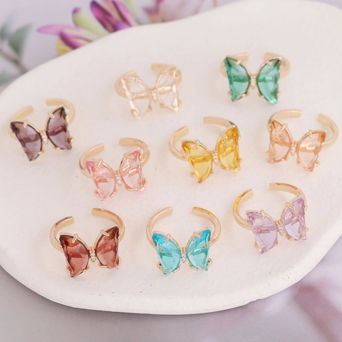 Butterfly Ring Copper Adjustable Open Ring Multi Color Glass Wings Zircon Accents Elegant Fashion Jewelry For Women