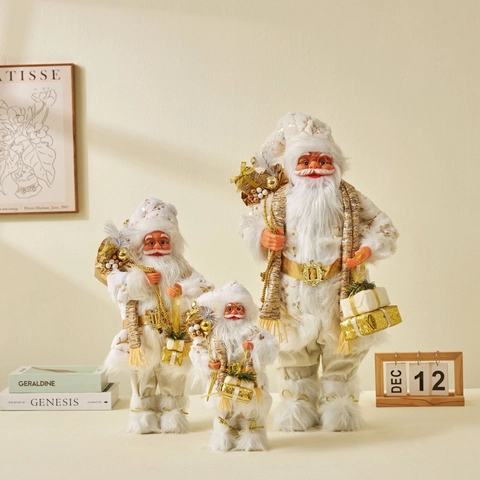 Santa Claus Figurine Christmas Ornament White Gold Plush Fabric Standing Doll For Home Festive Holiday Desktop Decor