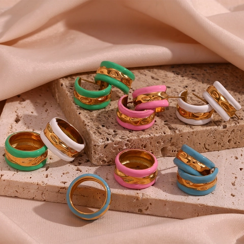 Edelstahl Wasserwelle Emaille Creolen Kontrastfarbene Tropföl Geometrischer Offener Ring Modeaccessoire Für Damen