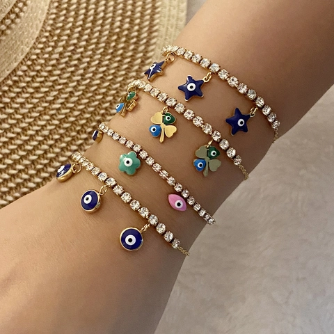 Bracciale Ciondoli Malocchio Placcato Oro Acciaio Inossidabile Con Zircone Strass Smalto Stella Trifoglio Donna