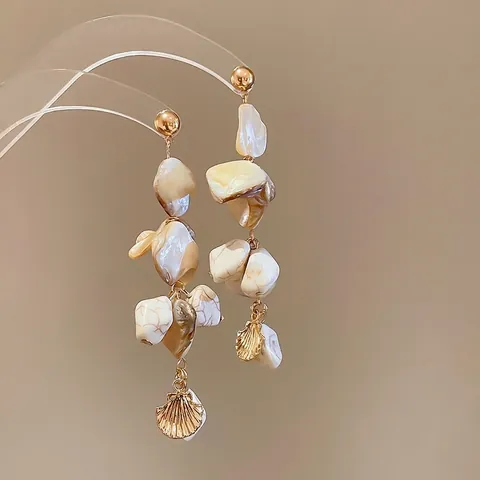 Pendientes Largos De Borla De Concha Irregular Para Mujer Estilo Bohemio Aleación Geométrica Con Poste De Plata