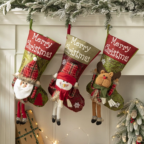 Calza Di Natale Grande Sacco Regalo 3D Cartoni Animati Babbo Natale Pupazzo Di Neve Renna Pelliccia Sintetica Tessuto Quadri Decorazione Camino
