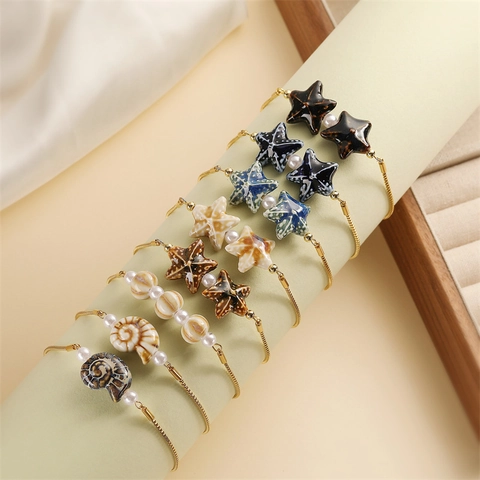 Bracciale Regolabile Con Ciondolo Stella Marina E Lumaca Acciaio Inossidabile Künstliche Perle Ceramica Imitazione Perla Artificial Gioielli Spiaggia