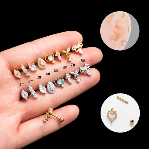 Kraakbeen Piercing Stud Oorbel Roestvrij Staal Koper Zirkoon Hart Ster Kroon Mode Sieraden Voor Vrouwen