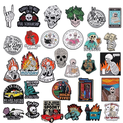 Skeleton Skull Enamel Pins Alloy Brooches Gothic Dark Humor Reading Cat Halloween Badges For Clothes Backpack Decor