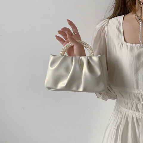 Sac À Main Nuage Froncé Avec Poignée En Künstliche Perles Artificielles Cuir PU Mini Sac Bandoulière Pour Femmes Accessoire De Soirée