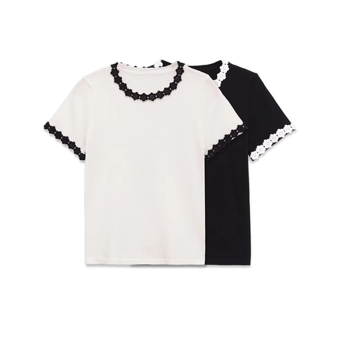 Women Knit T-Shirt Floral Lace Trim Crew Neck Short Sleeve Contrast Color Slim Fit Elegant Top