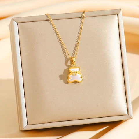 Cute Bear Pendant Necklace Stainless Steel Mother Of Artificial Pearl Inlay Zircon Bowknot Sweet Elegant Jewelry For Women