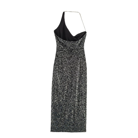 Pailletten Abendkleid Ein Schulter Metallkette Träger Seitenschlitz Elegant Ärmellos Maxi Bodycon Party Damen