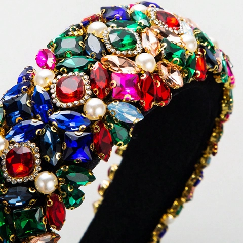 Baroque Padded Headband For Women With Colorful Rhinestone And Artificial Pearl Embellishments Retro Velvet Hair Hoop Accessory