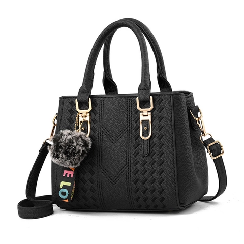 Damen PU Leder Handtasche Crossbody Tasche Litchi Textur Große Kapazität Elegante Urban Schultertasche Mit Pelzball Anhänger