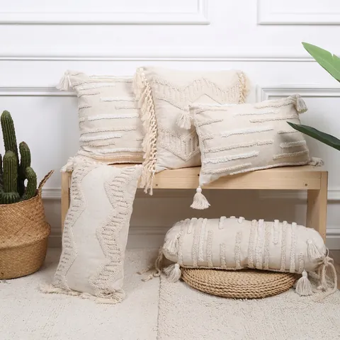 Bohemian Tufted Cushion Cover Cotton Linen Feel Striped Geometric Decorative Pillowcase With Tassels Moroccan Style Home Decor