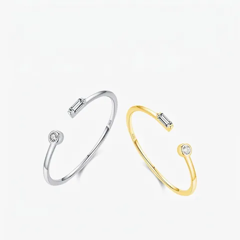Anello Aperto In Argento Sterling 925 Minimalista Regolabile Geometrico Zirconia Cubica Rotonda E Baguette Gioielli Donna