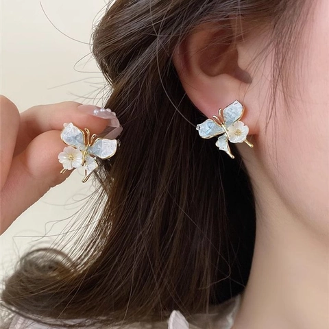 Butterfly Flower Dangle Stud Earrings With 925 Sterling Silver Earring Post Gradient Blue Glass Artificial Pearl For Women Jewelry