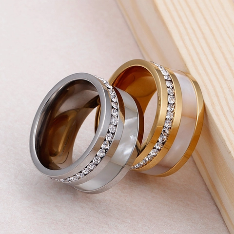 Anello In Acciaio Inossidabile Con Intarsio In Madreperla E Zirconi Fascia Larga Geometrica Placcato Oro Per Donna
