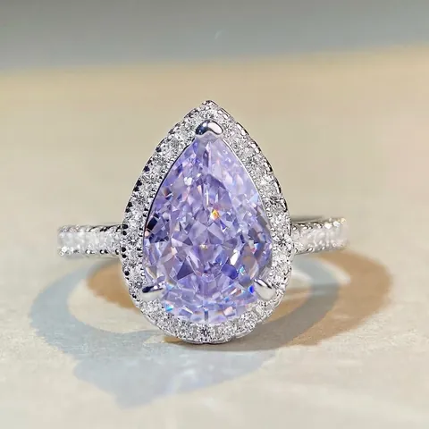 Birnenschliff Lila Edelstein Ring 925 Sterling Silber Halo Zirkon Verlobung Hochzeit Band Eleganter Schmuck Damen