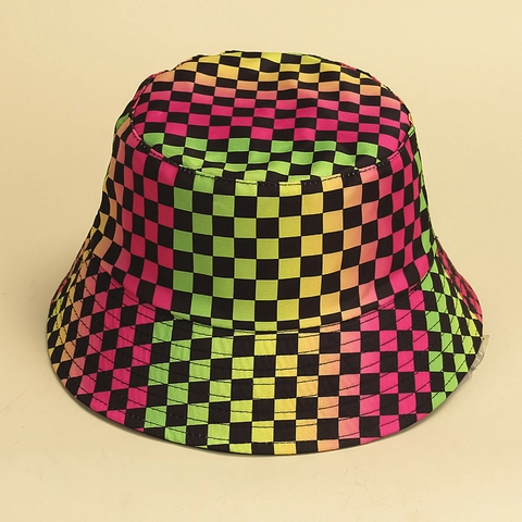 Harajuku Rainbow Checkerboard Bucket Hat Cotton Canvas Sun Protection Outdoor Summer Fisherman Cap Unisex