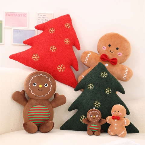 Festive Christmas Gingerbread Man And Christmas Tree Plush Pillow Soft Embroidered Throw Cushion Holiday Home Decor Kids Gift