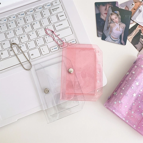 Porte-cartes en PVC Transparent Avec Bouton Pression Et Chaîne à Billes Paillettes Rose Transparent Pochette Photo Étudiant Accessoire Classeur