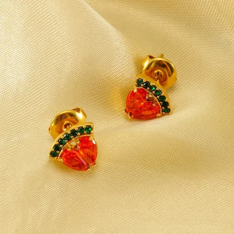 Watermelon Fruit Stud Earrings 18K Gold Plated Stainless Steel With Orange Green Zircon Heart Shape Cute Jewelry For Women