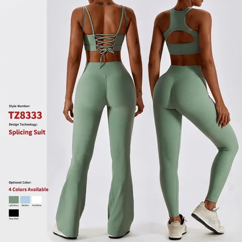 Ribbed Yoga Workout Clothing High Waisted V Cross Flare Pants Padded Criss Cross Sports Bra Quick Dry Activewear