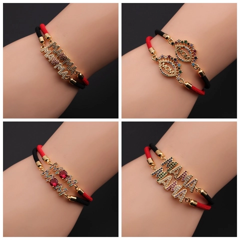 Bracelet Cuivre Zircon Corde Tissée Ajustable MOM MAMA Cœur Lettre Cadeau Fête Des Mères Bijoux Pour Femmes