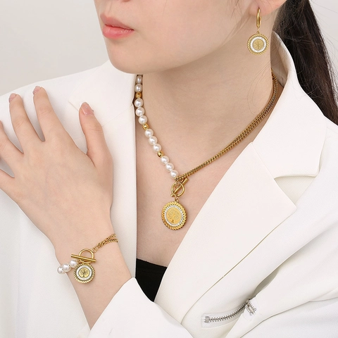 Necklace Bracelet Earrings Jewelry Tree Of Life Stainless Steel Artificial Pearl Rhinestone 18K Gold Plated Fashion For Women