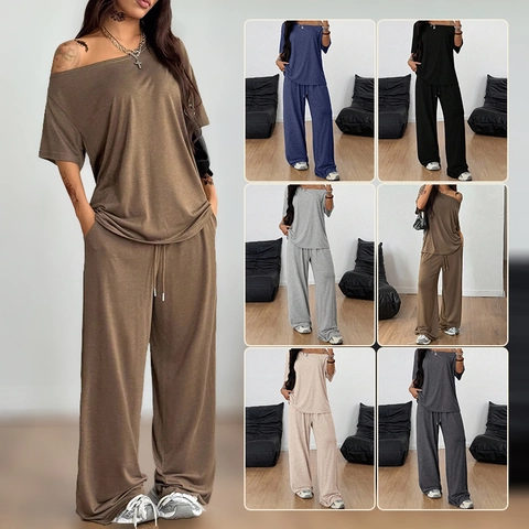 Women Casual Solid Color Off Shoulder Long Sleeve Top And Wide Leg Pants Lounge Wear Polyester Spandex Printed Sweatsuit
