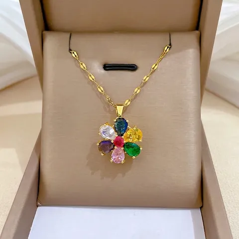 Flower Pendant Necklace Gold Plated Stainless Steel Chain Multi Color Cubic Zirconia Elegant Floral Jewelry Women Gift