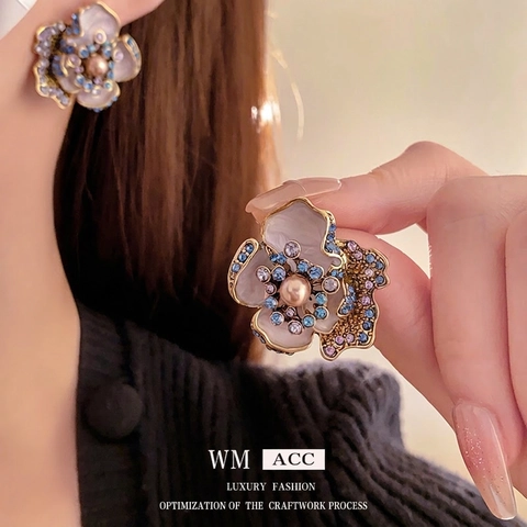 Vintage Flower Jewelry Alloy Enamel Rhinestone Faux Artificial Pearl Necklace Earrings With Silver Earring Post Ring For Women Retro