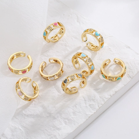 Verstellbarer Herz Offener Ring Kupfer 18K Vergoldet Bunte Emaille Zirkonia Hohl Schmuck Für Frauen