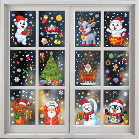 Christmas Window Clings Static Stickers Santa Claus Snowman Reindeer Snowflake PVC Decals Holiday Party Home Decoration
