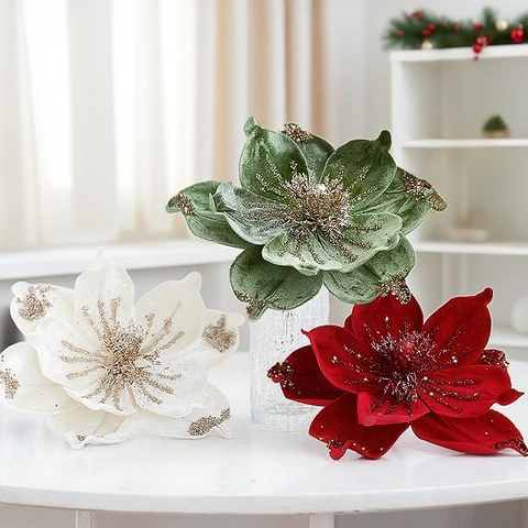 Artificial Christmas Flower Velvet Cloth Magnolia With Glitter Sequins For Tree Decor Elegant Festive Home Ornament