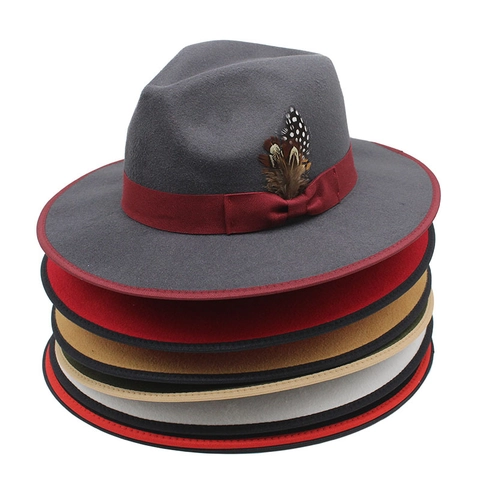 Breitkrempiger Fedora Hut Wollfilz Vintage Britischen Stil Bandbesatz Feder Dekoration Kontrastkante Unisex