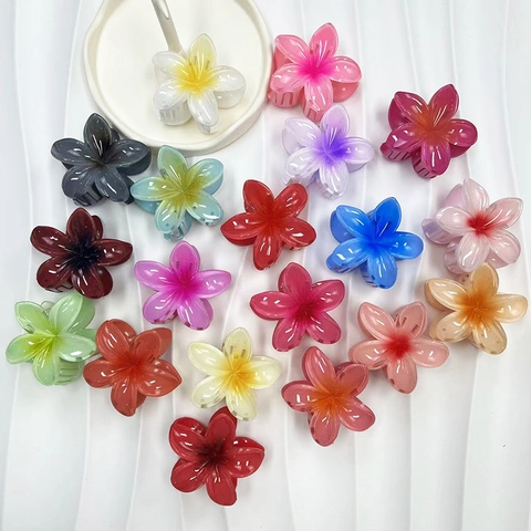 Plumeria Flower Hair Claw Clip Gradient Candy Color Resin Hair Jaw Clamp Vacation Beach Accessory For Women Girls