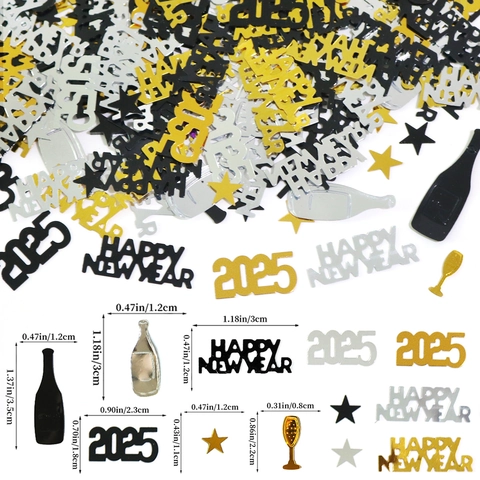 2025 New Year Confetti Table Decoration Happy New Year Letter Star Wine Bottle Champagne Glass Paper Gold Silver Black
