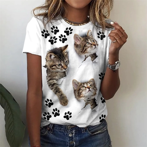 T-shirt pour Femme avec Imprimé Animal Chat 3D Décontracté Col Rond Manches Courtes Haut en Polyester Mode Été pour Quotidien
